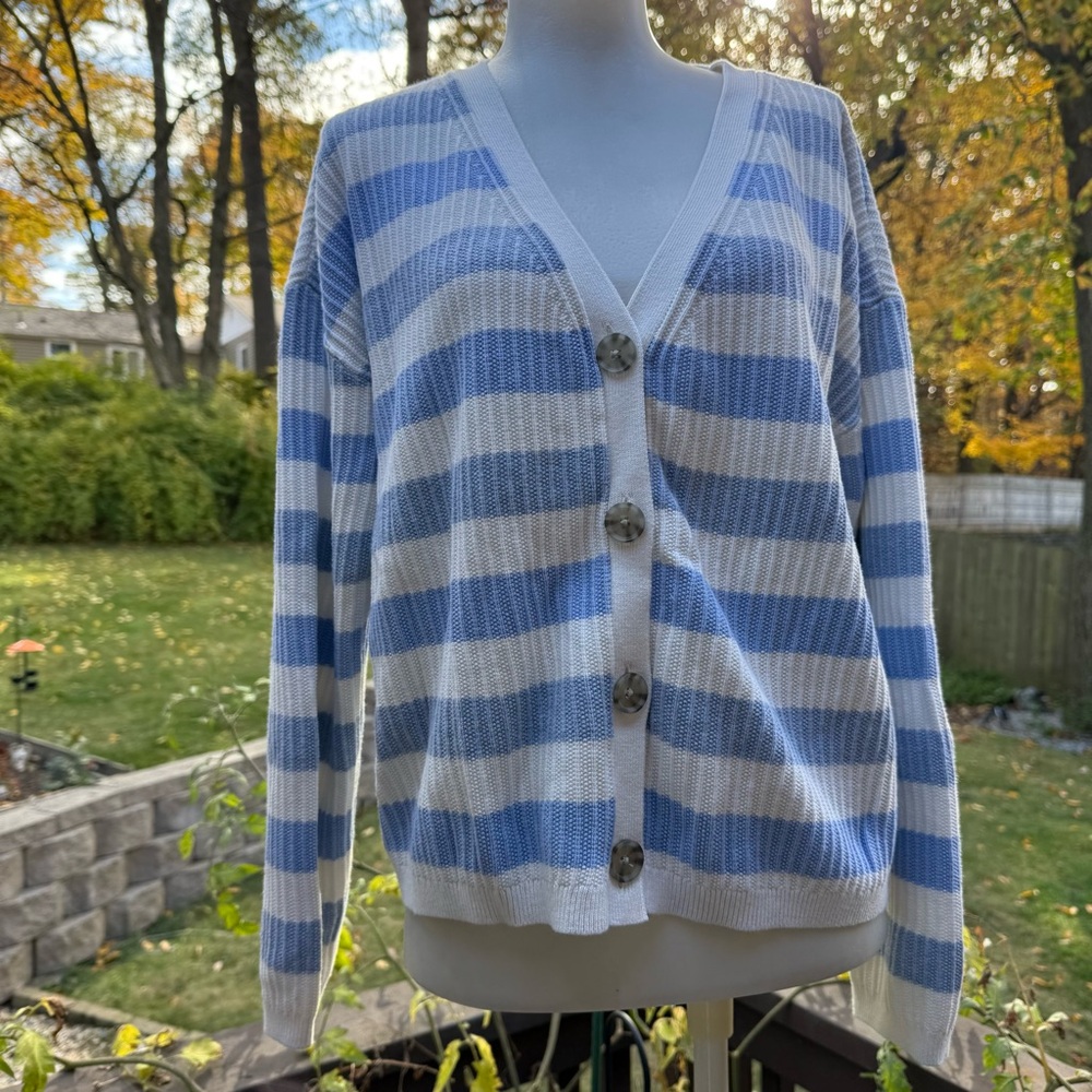 Talbots Sweater Cardigan - Raglan Sleeves Size L Large Baby Blue White Stripe